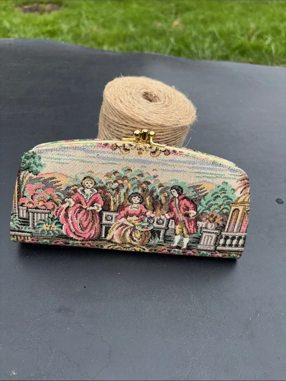 Vintage Tapestry Clutch wallet featuring a classic 18Th-Century Courting Scene